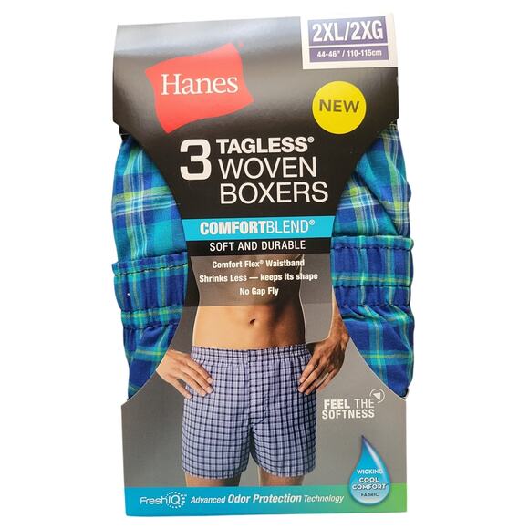 Hanes Tagless Woven Boxers - Blue Plaid - 2XL (44-46) - 3 Pack - Picture 1 of 6